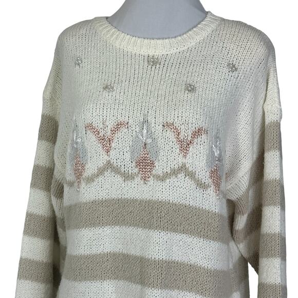 Vintage 1980s Beldoch Popper Cream Ivory Striped Acrylic Embellished Sweater M - Picture 3 of 8